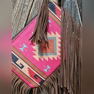 NWT Pink Fringe Aztec Pattern Wristlet